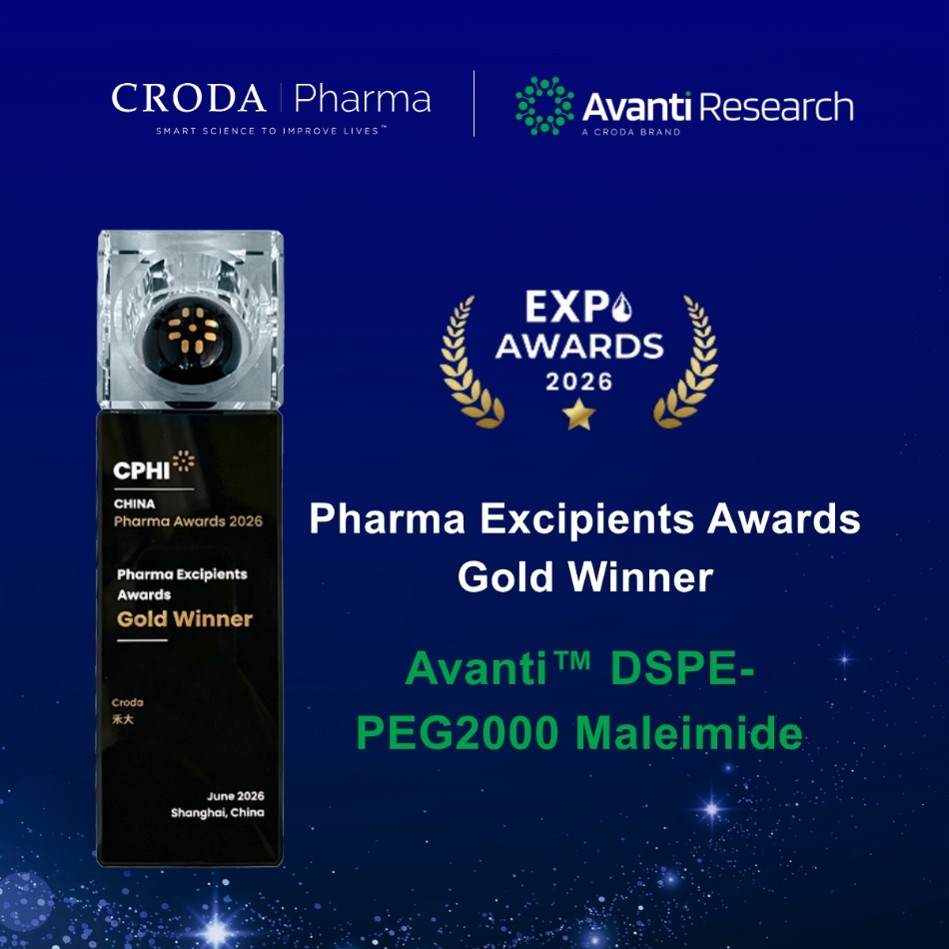 Croda Pharma has recently achieved further recognition in the fields of pharmaceutical excipients and sustainability. Its innovative lipid excipient, Avanti™ DSPE-PEG2000 Maleimide, was honoured with the Drug Delivery Empowerment Award (Gold) at the Pharma Excipients Awards 2026 CPHI China.