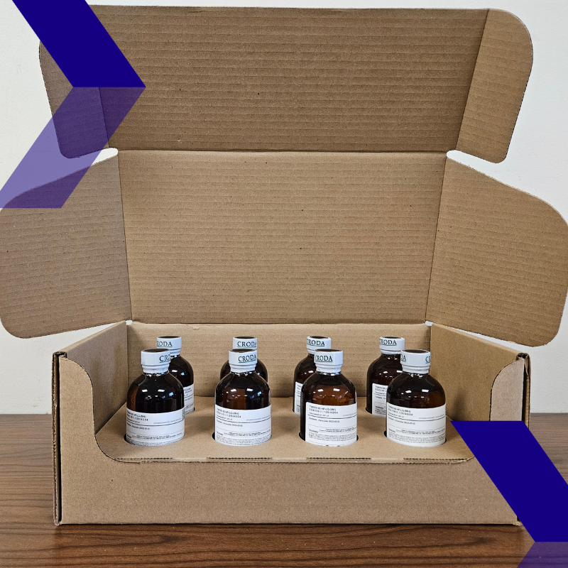 Amber bottle packaging in box available from Croda Pharma
