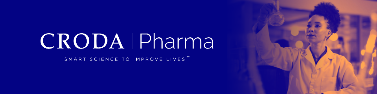 Orange and blue washed banner with scientist in lab and croda pharma logo