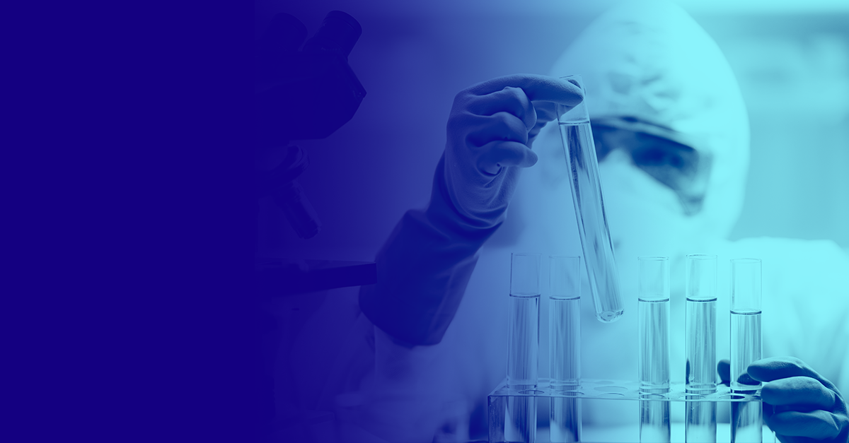 Blue image of scientist in lab with blue overlay