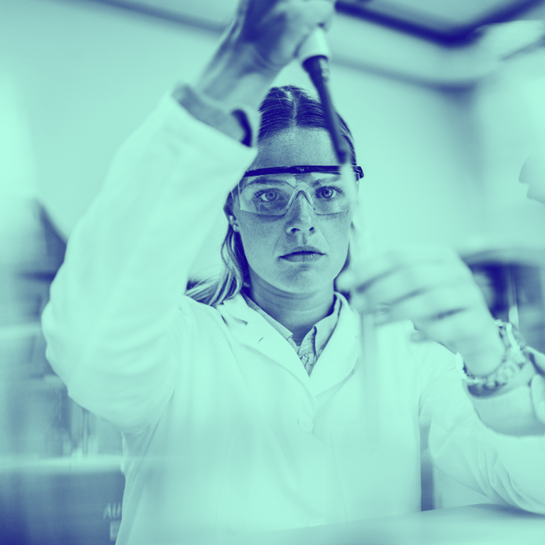 Blue washed image of female in the lab