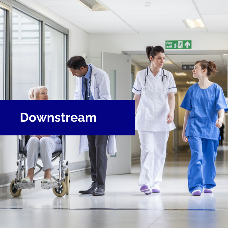 Hospital corridor with blue downstream banner over top