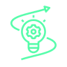 green cartoon depiction of lightbulb with arrow and cogs 