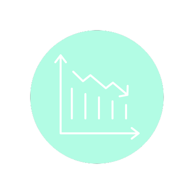 Blue cartoon icon with downward graph