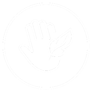 white cartoon icon of hand in circle with leaf on