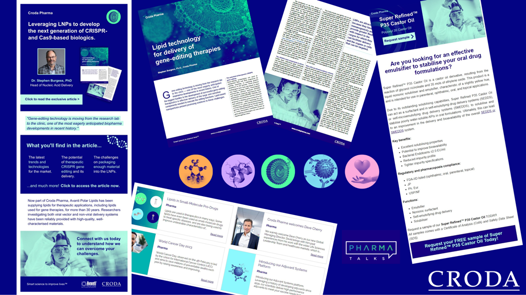 Blue background with various croda pharma website assets over it