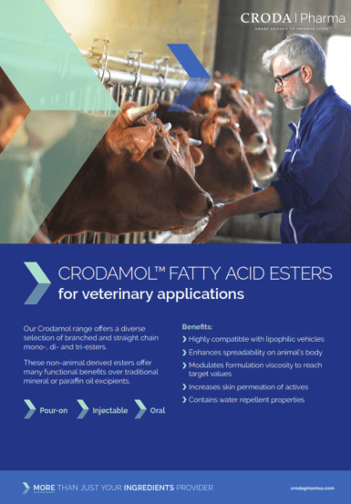 Cover of brochure from Croda Pharma: CRODAMOL™ FATTY ACID ESTERS   for veterinary applications