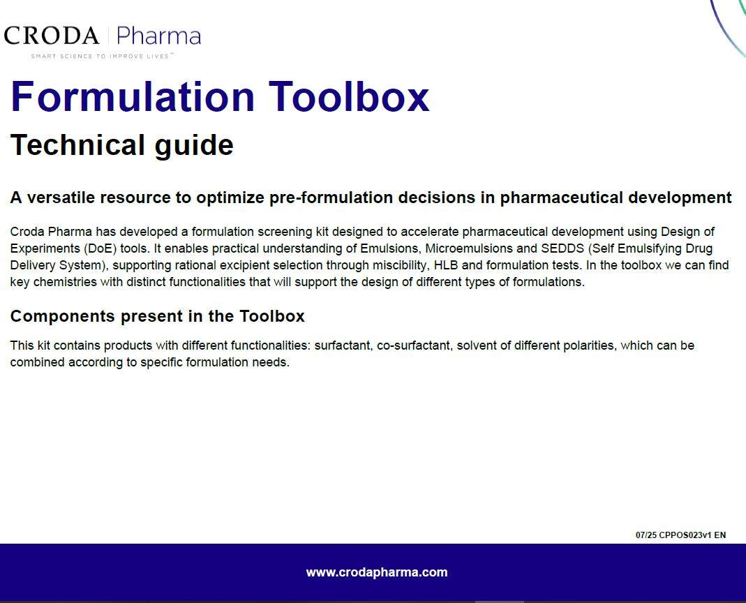 Cover of the Formulation Toolbox Guide from Croda Pharma