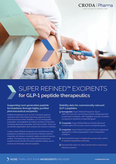 Cover of Brochure from Croda Pharma SUPER REFINED™ EXCIPIENTS  for GLP-1 peptide therapeutics