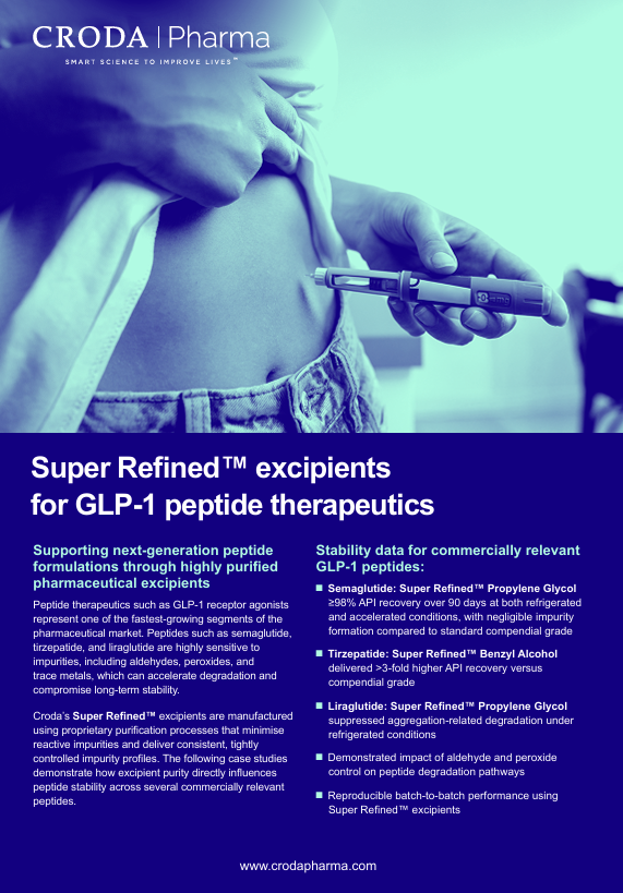Cover of Super Refined™ excipients   for GLP-1 peptide therapeutics brochure from Croda Pharma