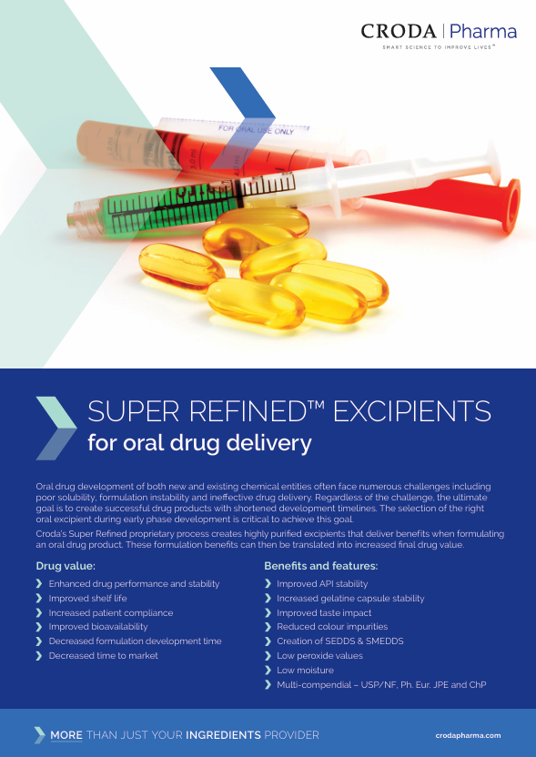 Cover of brochure from Croda Pharma SUPER REFINED™ EXCIPIENTS  for oral drug delivery