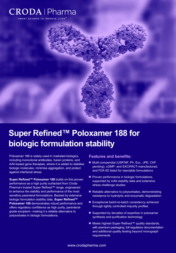 Cover of brochure for Super Refined™ Poloxamer 188 for   biologic formulation stability from Croda Pharma