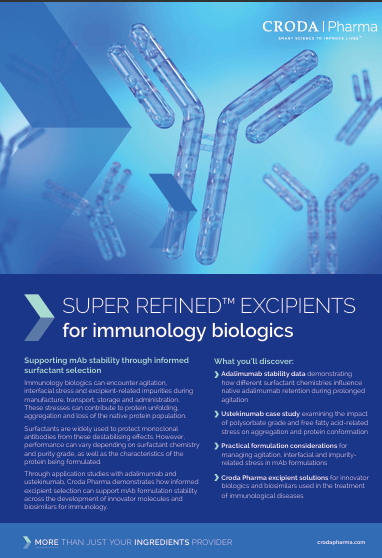 Cover of brochure from Croda Pharma: Super Refined Excipients for immunology biologics