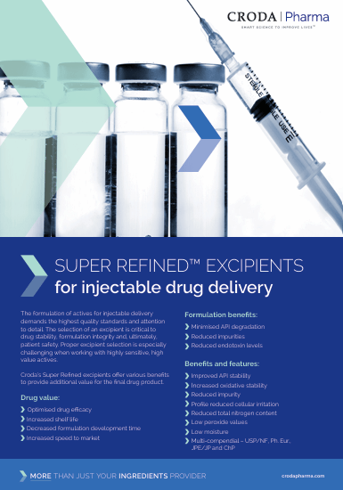 Cover of brochure from Croda Pharma: Super Refined Excipients for injectable drug delivery