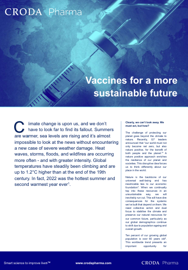 Cover of Vaccines for a more sustainable future whitepaper from Croda Pharma