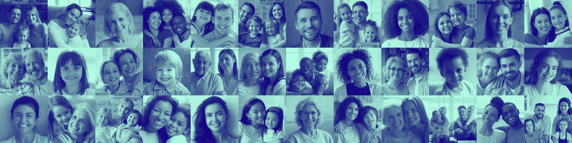 Collage mosaic of many happy people couples and families, old young generation adults and kids