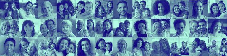Collage mosaic of many happy people couples and families, old young generation adults and kids